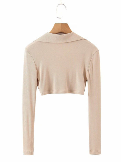 lovevop Casual V Neck Long Sleeve Cropped T-Shirt