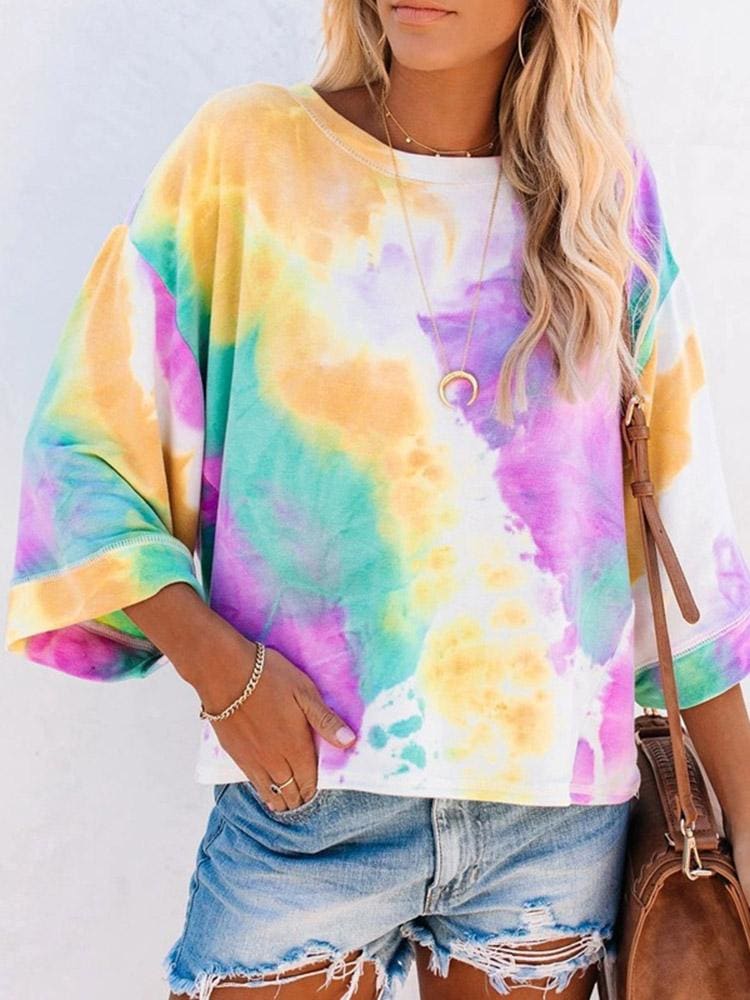 lovevop Casual Women Loose Fitting Tie Dye T-Shirts