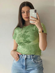 lovevop Causal Printed Tie Dye Short Sleeve Cropped T-Shirt