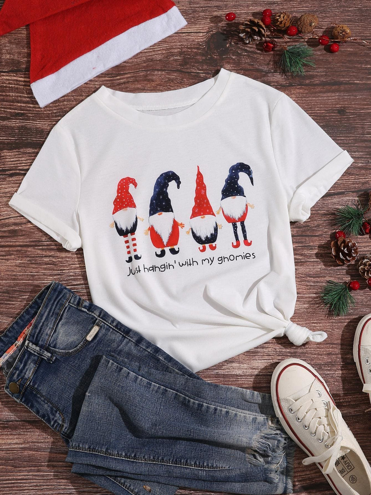 lovevop Christmas Printed Casual White Women T-Shirt