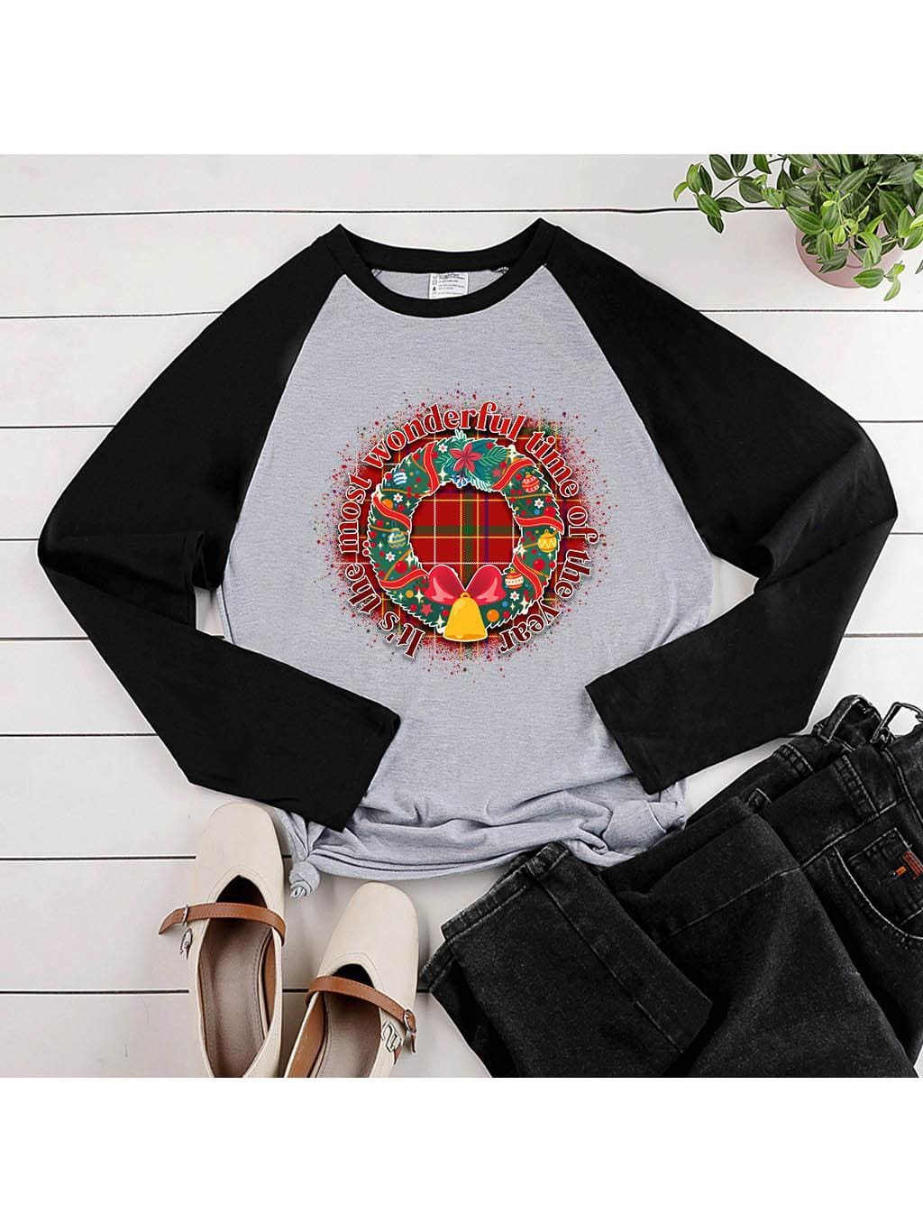 lovevop Christmas Wreath Print Casual Long Sleeve T-Shirt