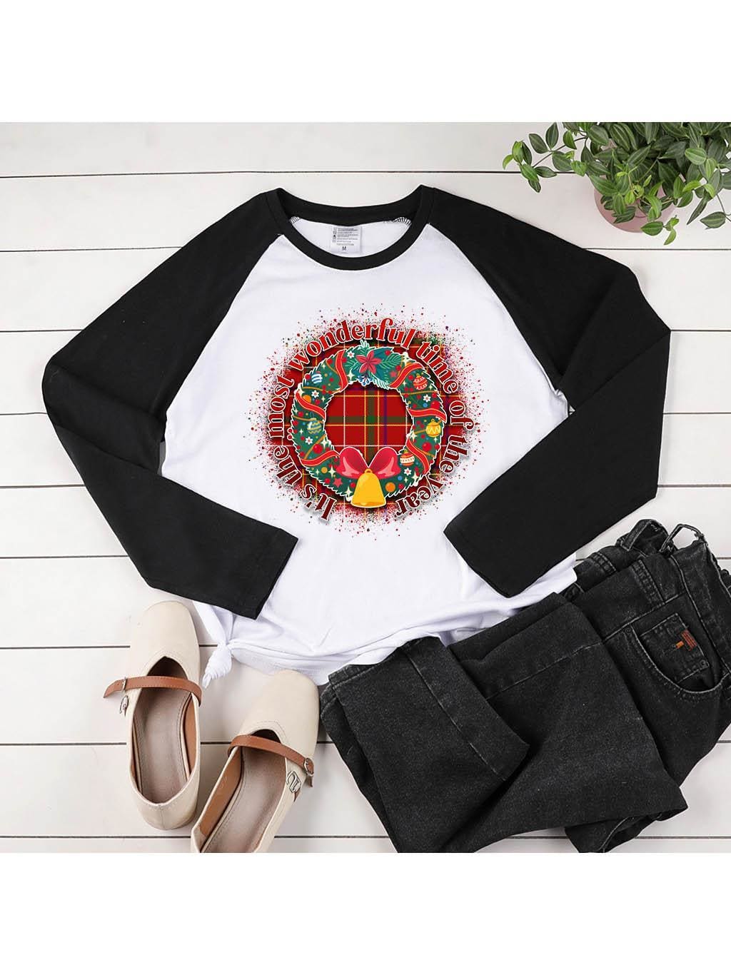 lovevop Christmas Wreath Print Casual Long Sleeve T-Shirt