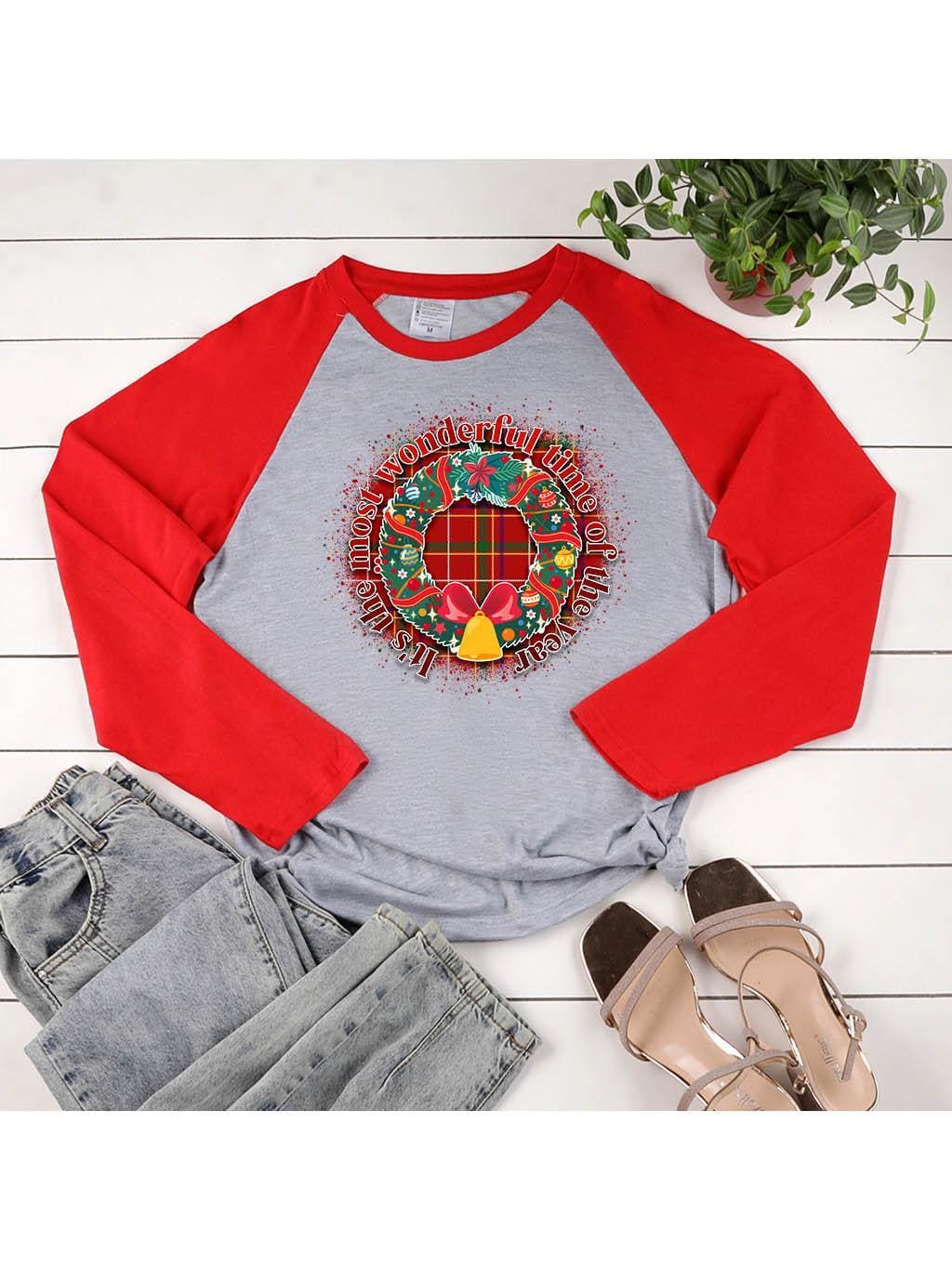 lovevop Christmas Wreath Print Casual Long Sleeve T-Shirt