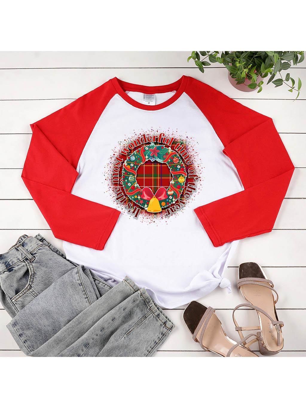 lovevop Christmas Wreath Print Casual Long Sleeve T-Shirt