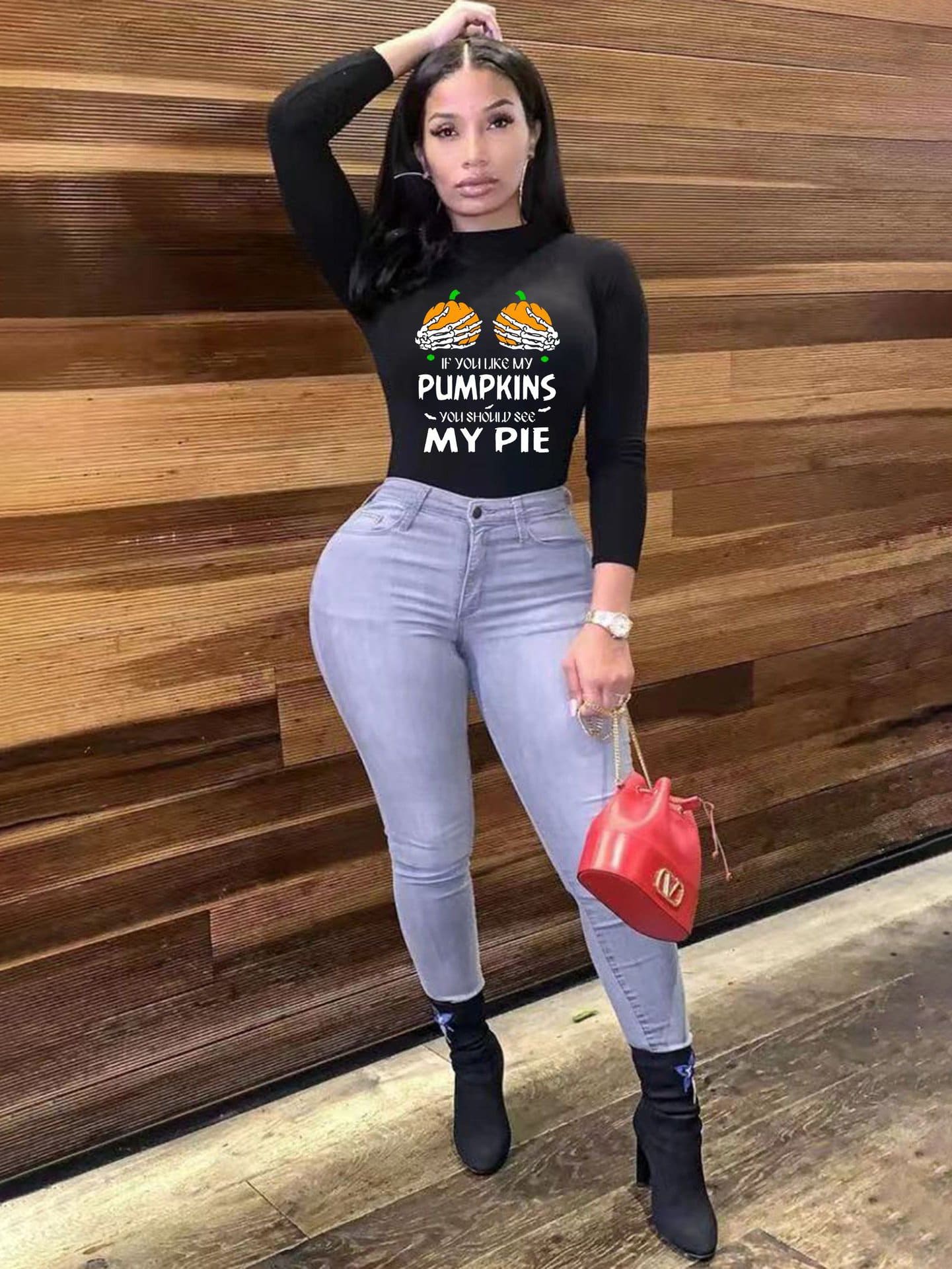 lovevop Crew Neck Black Long Sleeve T-Shirt For Women