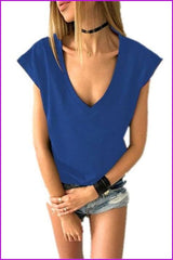 lovevop Deep V Neck Loose Fashion Solid T-Shirt