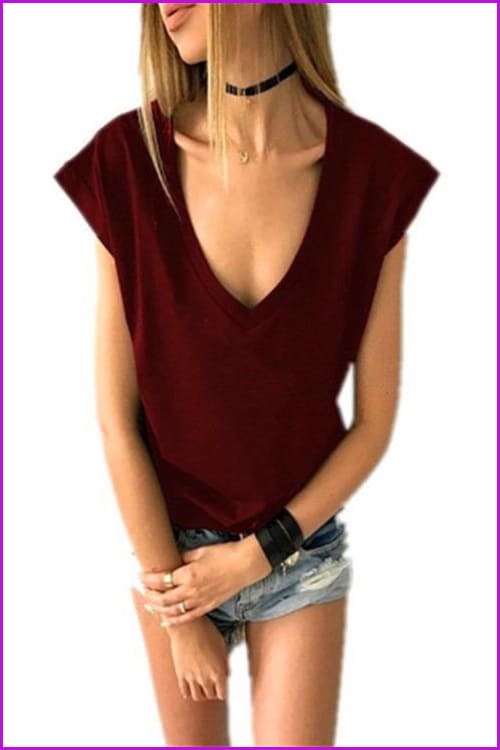 lovevop Deep V Neck Loose Fashion Solid T-Shirt