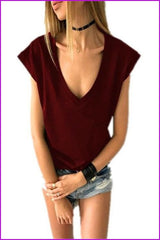 lovevop Deep V Neck Loose Fashion Solid T-Shirt