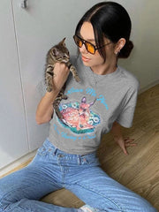 lovevop Deer Print Short Sleeve Gray Loose T-Shirt For Women