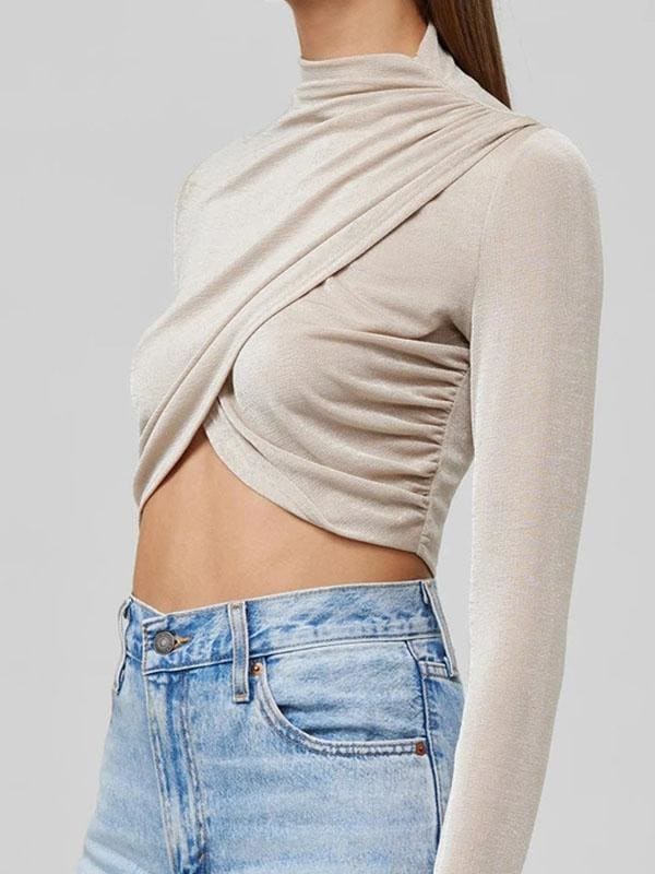 lovevop Easy Matching Solid Patchwork Long Sleeve Cropped T-Shirt