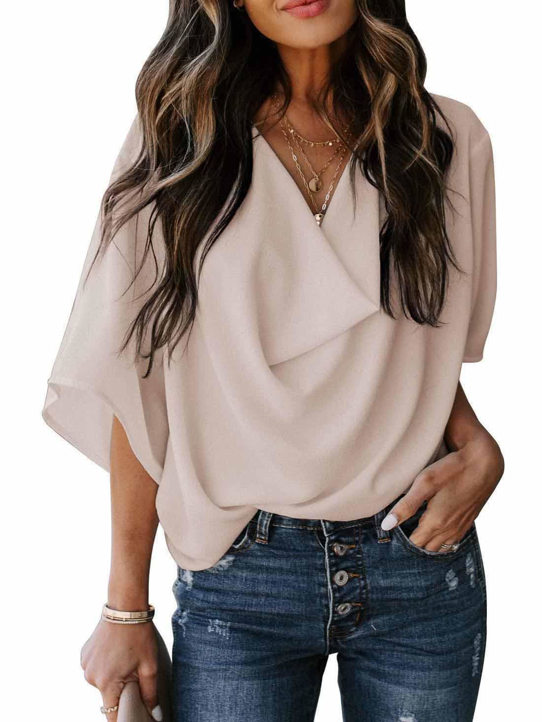 lovevop Euramerican Chiffon Loose V Neck Casual T-Shirt