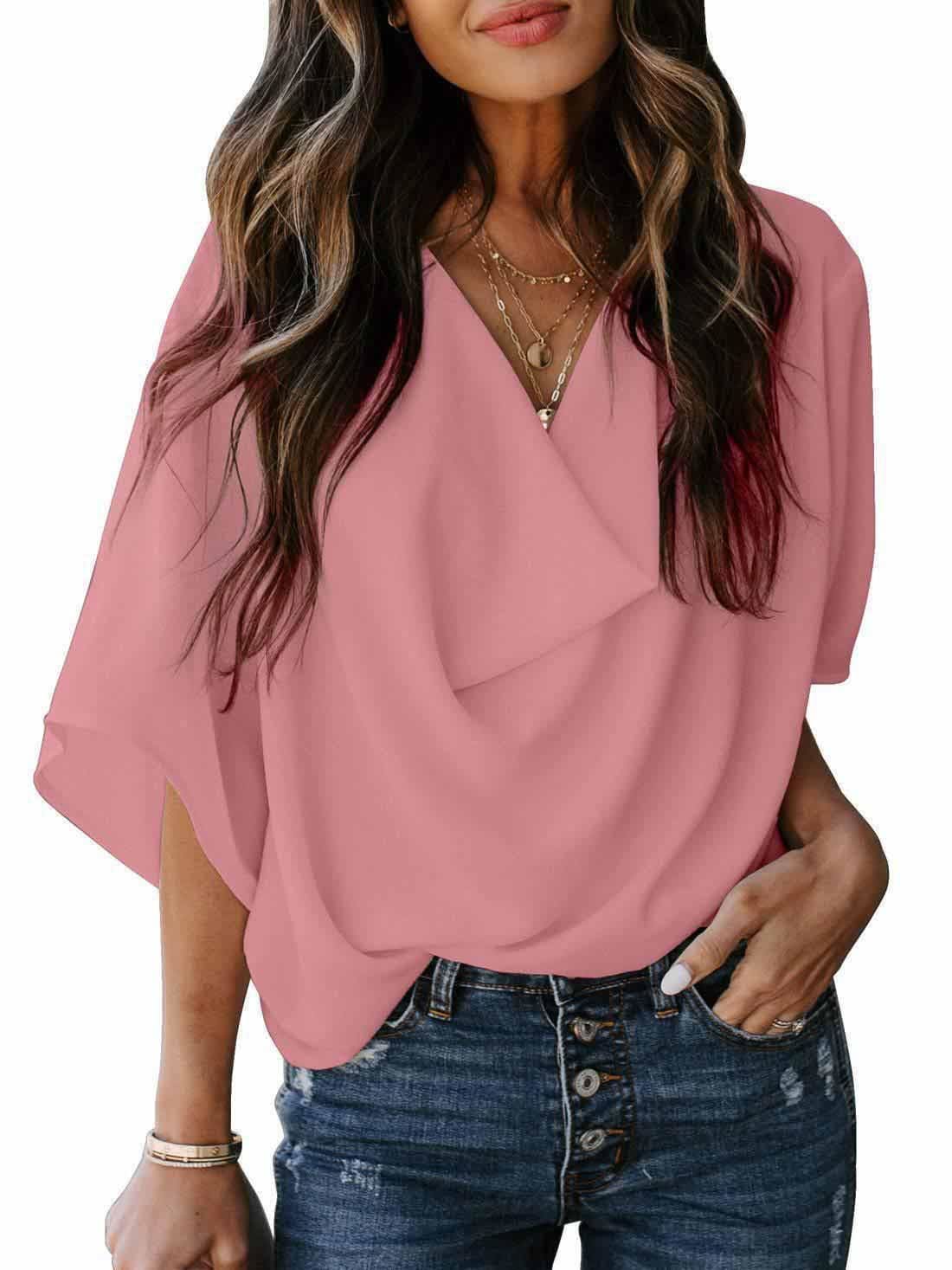 lovevop Euramerican Chiffon Loose V Neck Casual T-Shirt