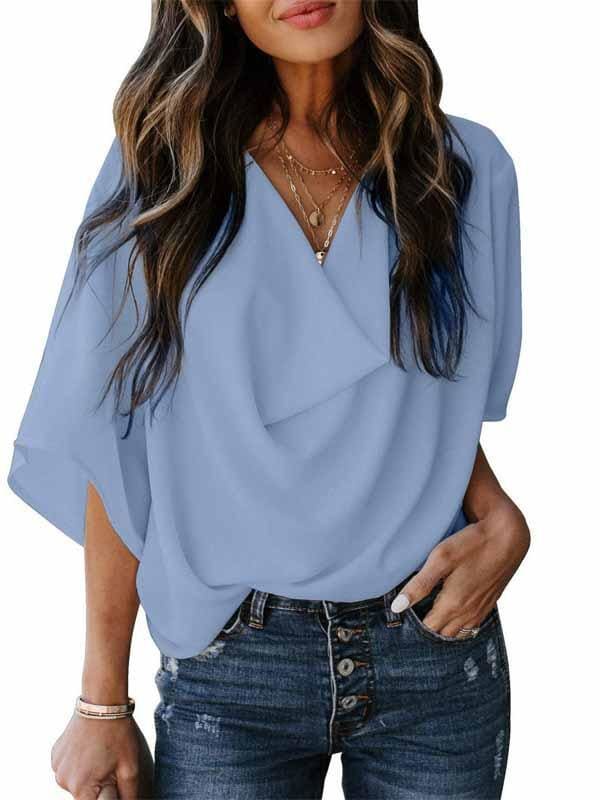 lovevop Euramerican Chiffon Loose V Neck Casual T-Shirt