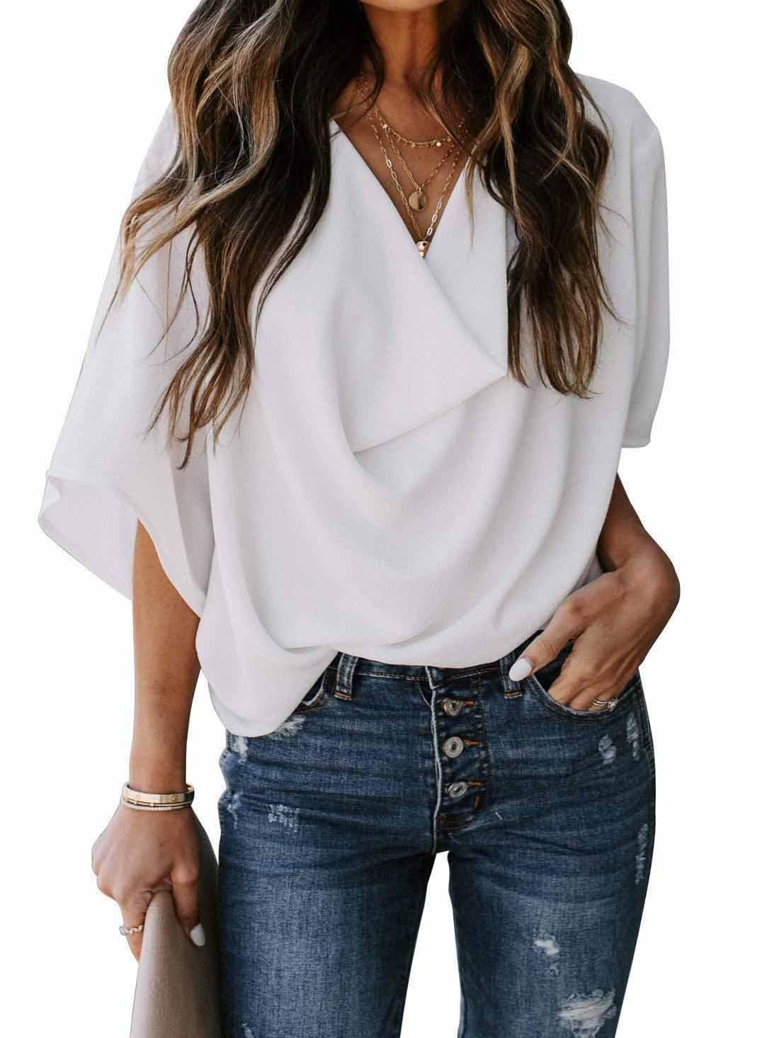 lovevop Euramerican Chiffon Loose V Neck Casual T-Shirt