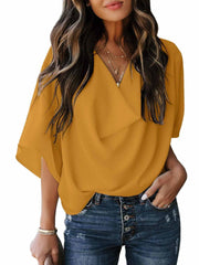 lovevop Euramerican Chiffon Loose V Neck Casual T-Shirt