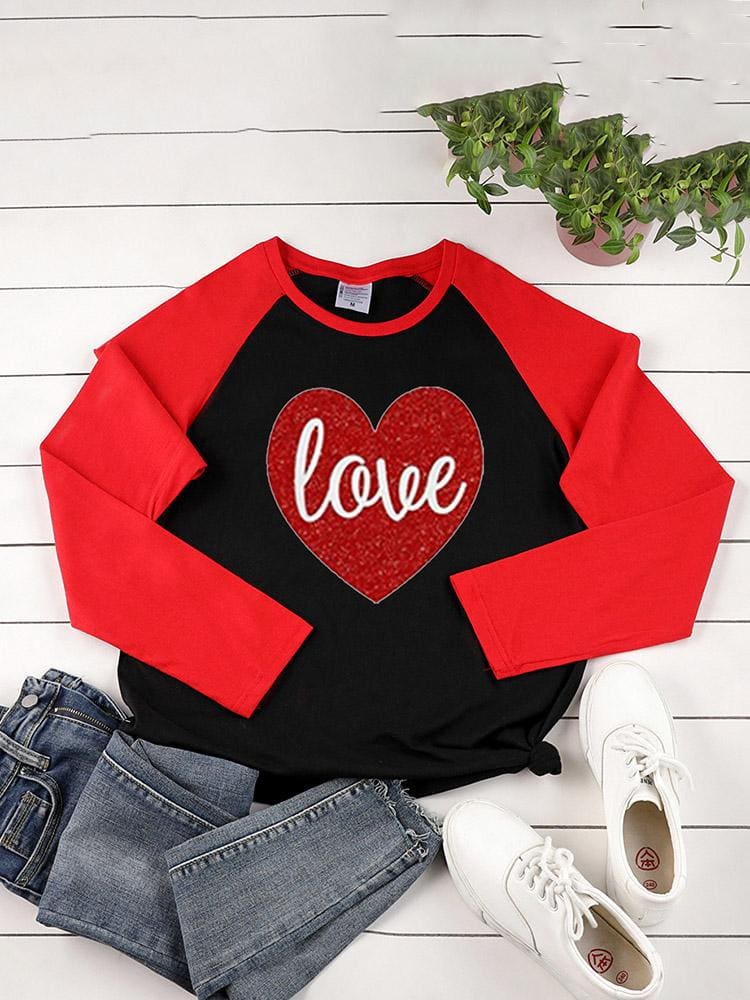 lovevop Fall Heart Print Contrast Color Long Sleeve T-Shirt