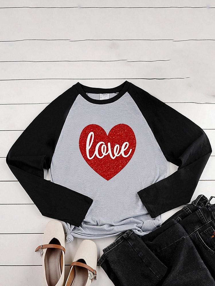 lovevop Fall Heart Print Contrast Color Long Sleeve T-Shirt