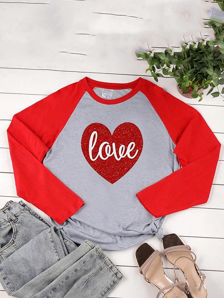 lovevop Fall Heart Print Contrast Color Long Sleeve T-Shirt