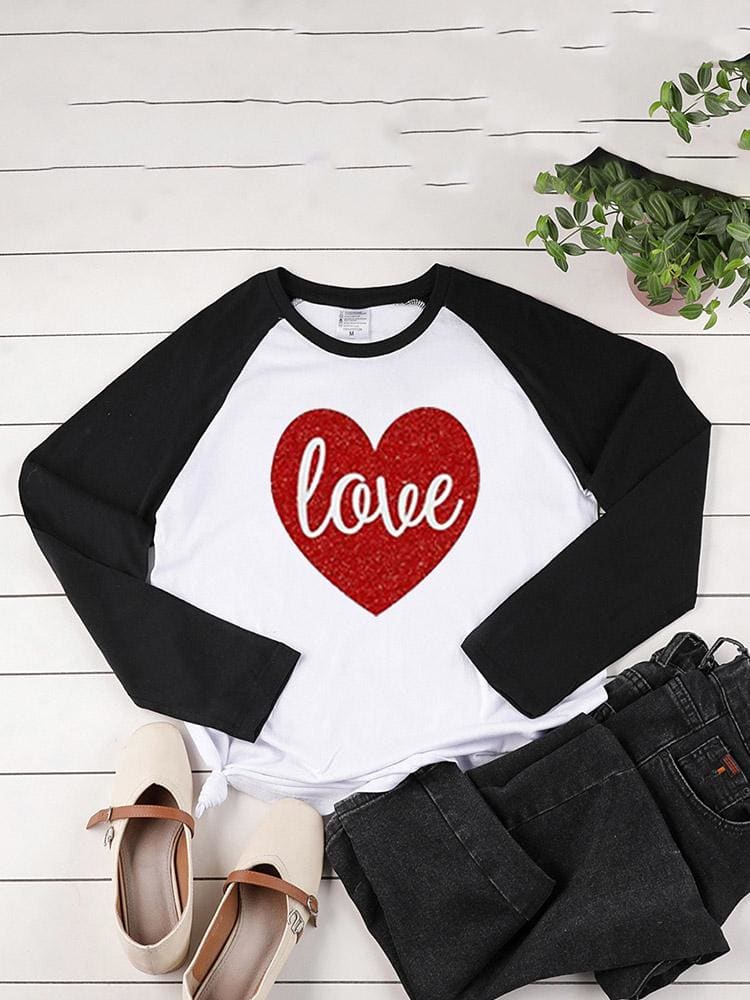 lovevop Fall Heart Print Contrast Color Long Sleeve T-Shirt