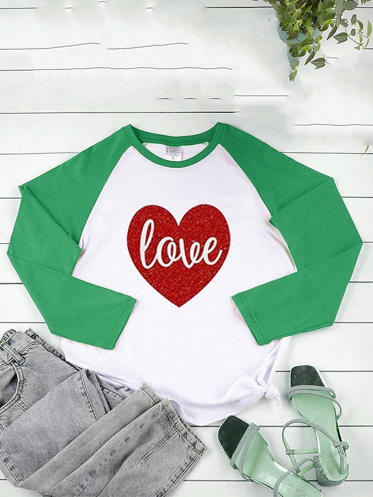 lovevop Fall Heart Print Contrast Color Long Sleeve T-Shirt