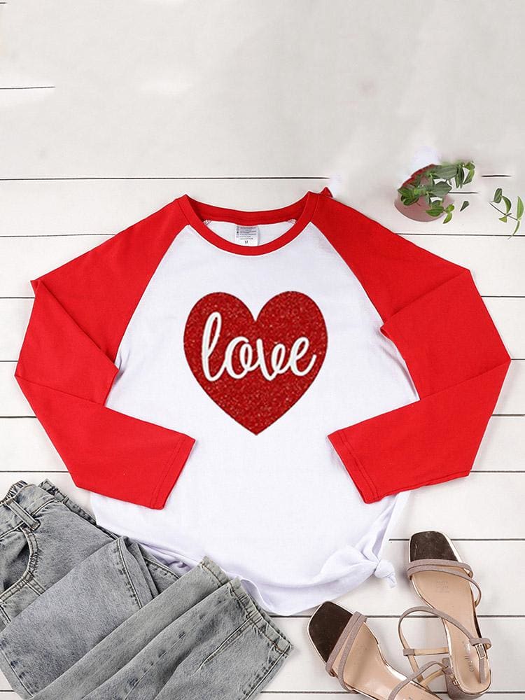 lovevop Fall Heart Print Contrast Color Long Sleeve T-Shirt