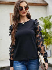 lovevop Fashion Black Tulle Patchwork Long Sleeve T-Shirt