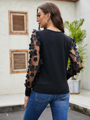 lovevop Fashion Black Tulle Patchwork Long Sleeve T-Shirt