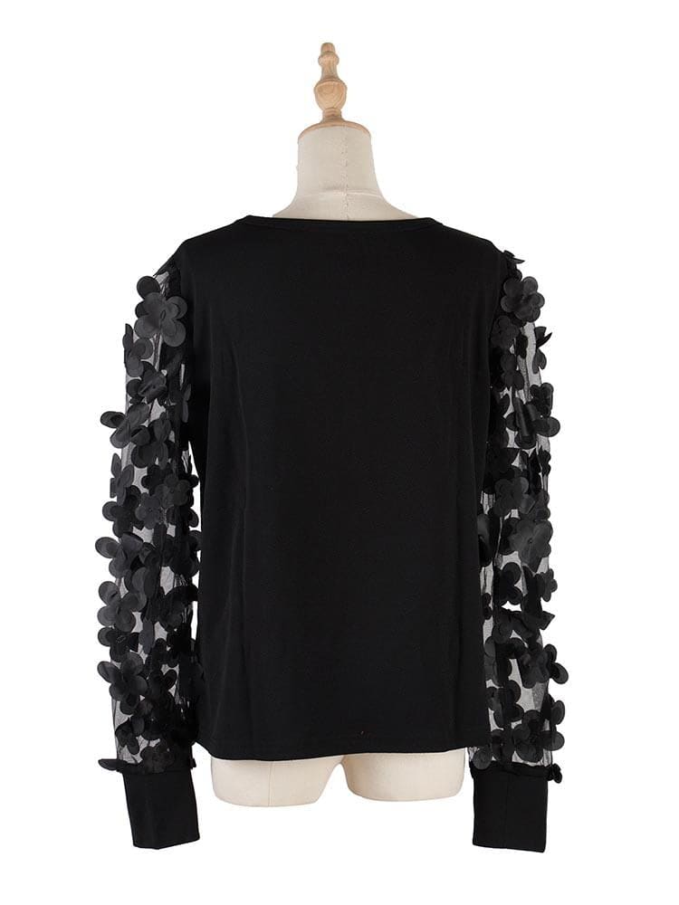 lovevop Fashion Black Tulle Patchwork Long Sleeve T-Shirt