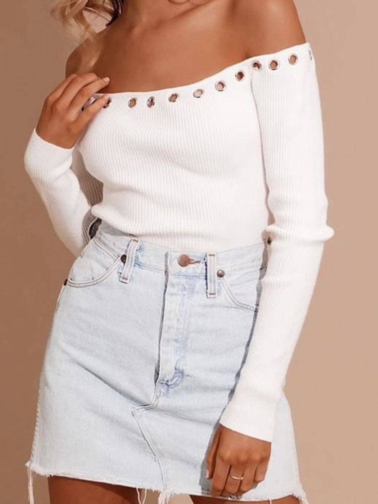 lovevop Fashion Off Shoulder White Long Sleeve Knitted T-Shirt