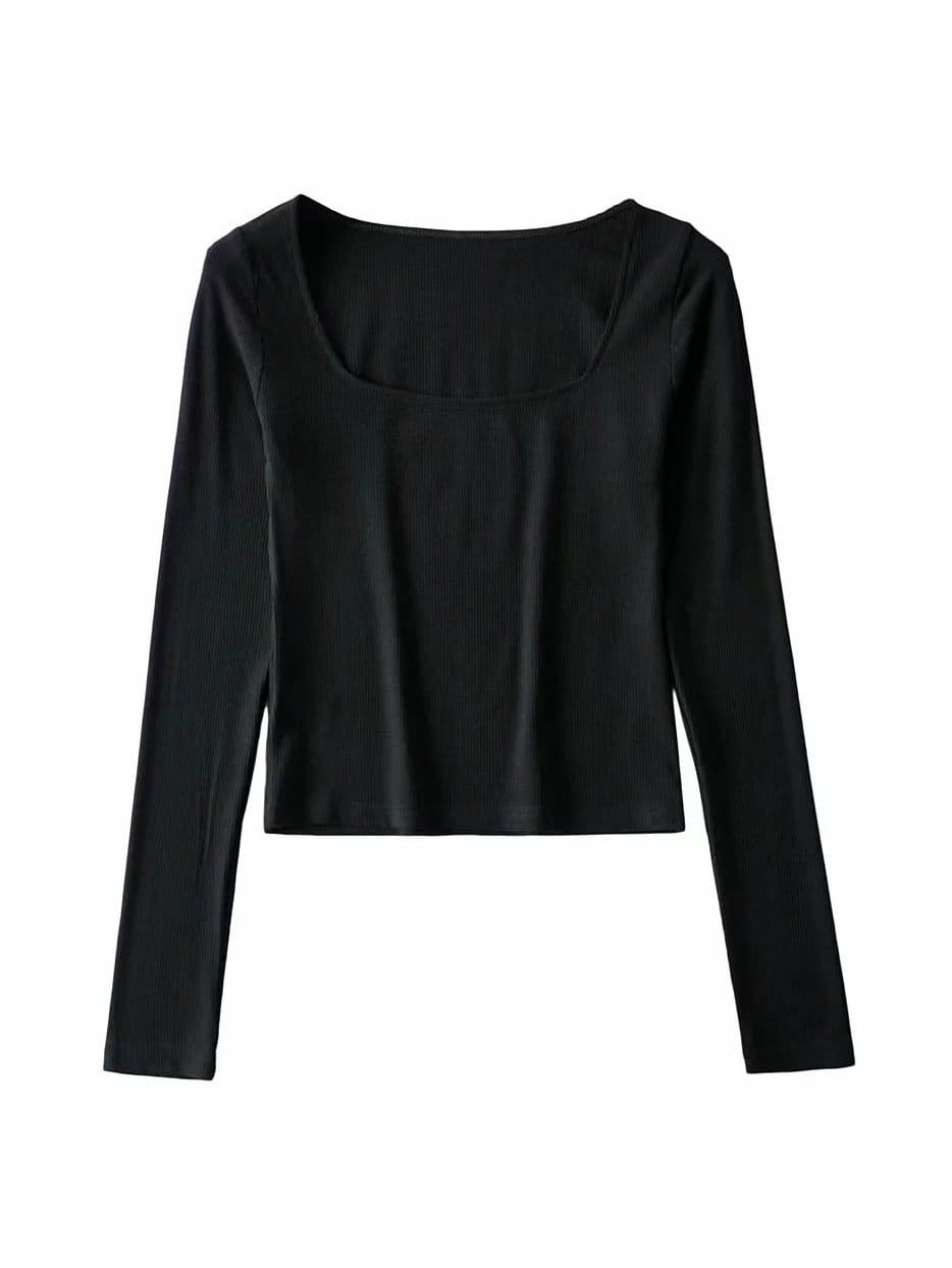 lovevop Fitted Square Neck Long Sleeve Cropped T-Shirt For Women