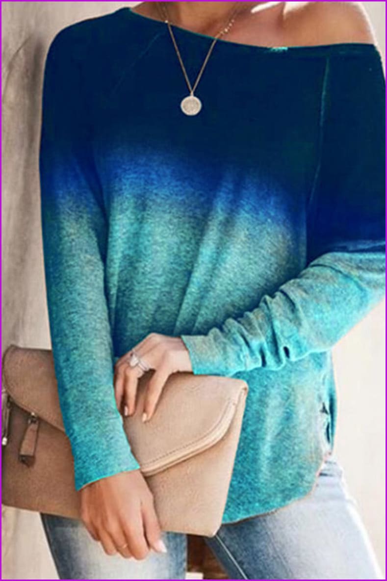 lovevop Gradient Color Fashion Casual Long Sleeve T-Shirt F3363