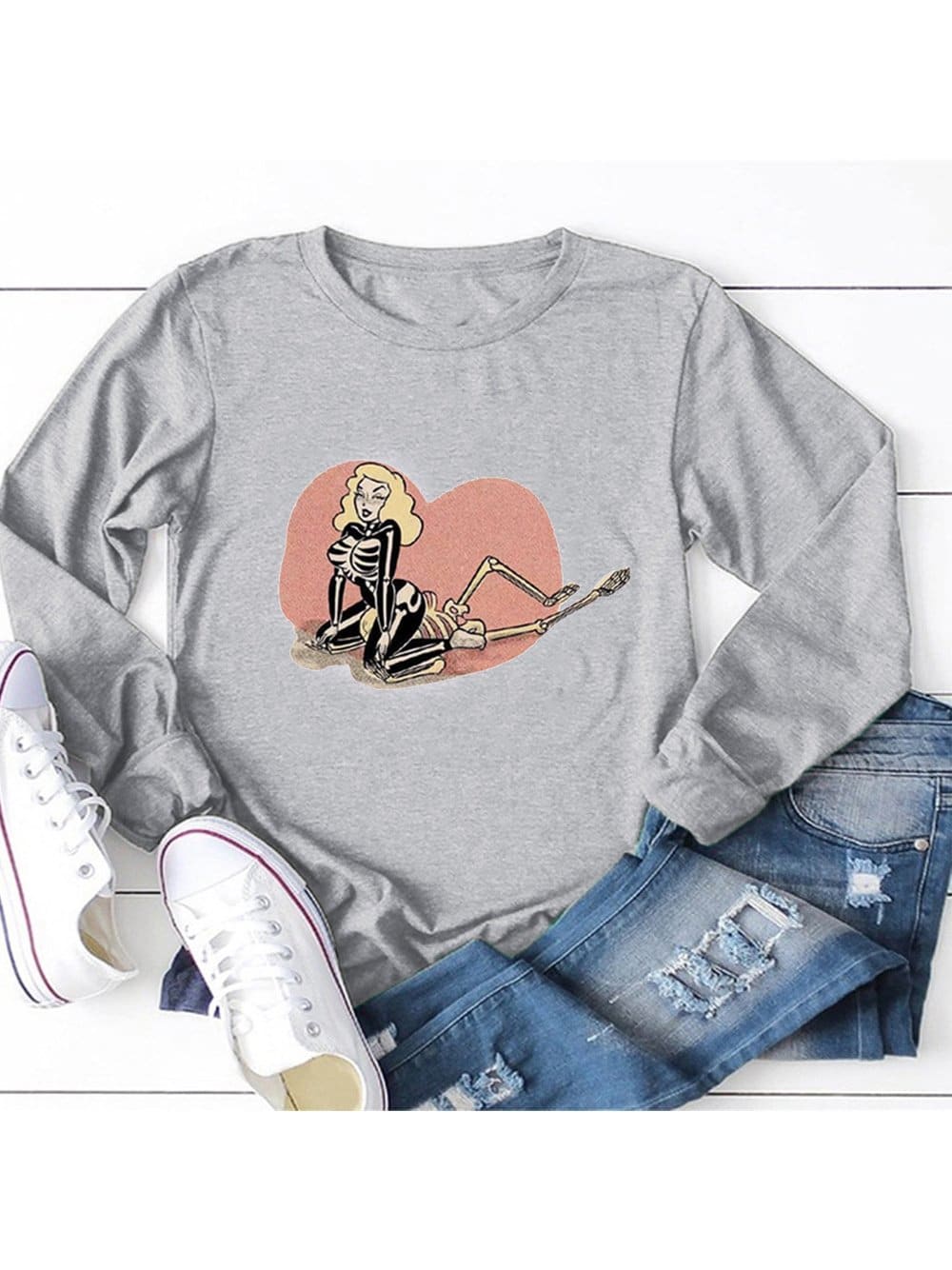 lovevop Halloween Skull Graphic Print Long Sleeve Women T-Shirt