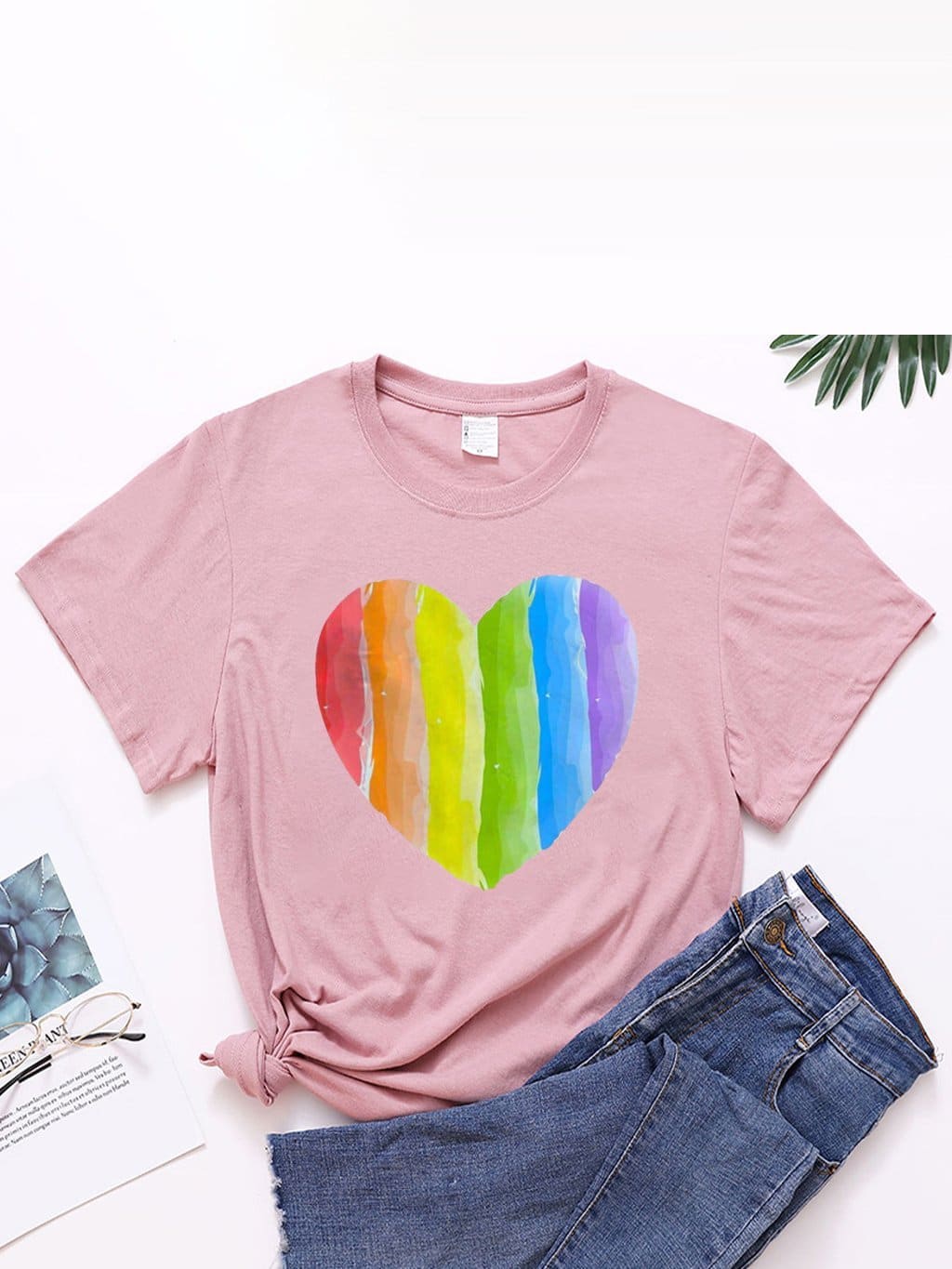 lovevop Heart Print Loose Casual Short Sleeve T-Shirt Women