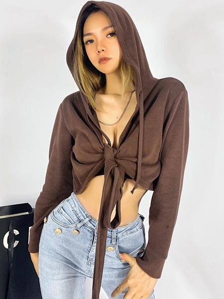 lovevop Hooded Cross Tie Long Sleeve T-Shirt