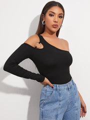 lovevop Inclined Shoulder One Shoulder Black T-Shirts