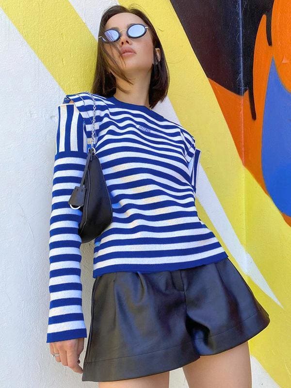 lovevop Leisure Blue Striped Long Sleeve T-Shirt For Women