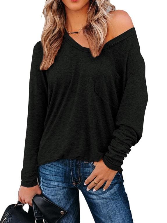 lovevop Leisure Fashion Solid V Neck Long Sleeve T-Shirt