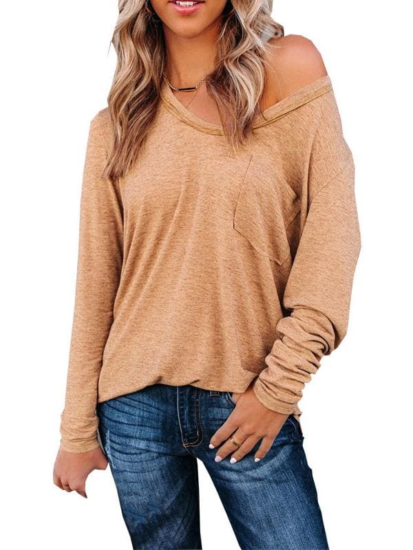 lovevop Leisure Fashion Solid V Neck Long Sleeve T-Shirt