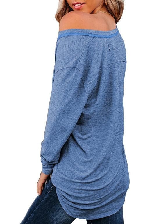 lovevop Leisure Fashion Solid V Neck Long Sleeve T-Shirt