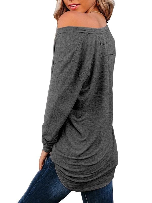 lovevop Leisure Fashion Solid V Neck Long Sleeve T-Shirt