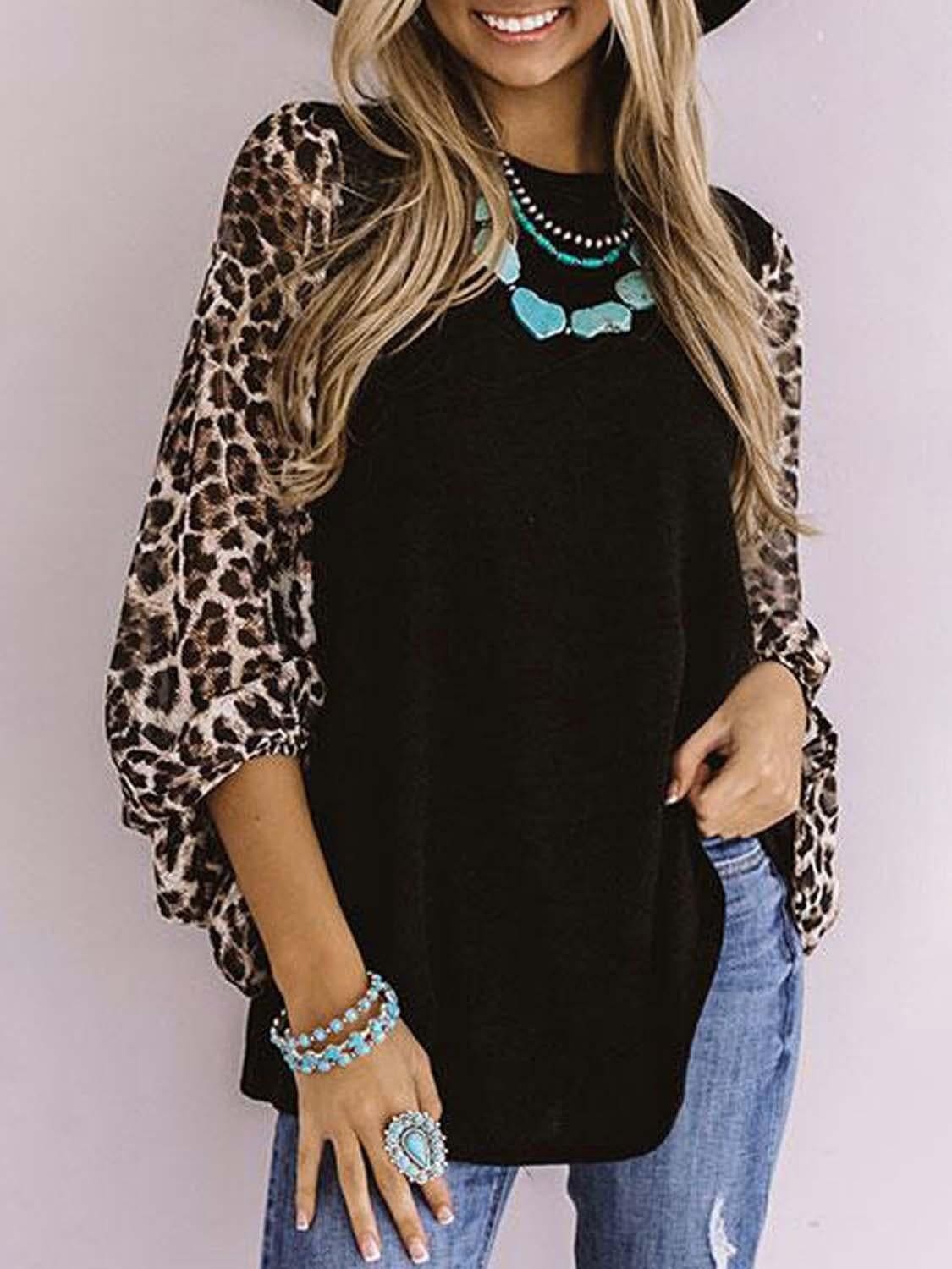 lovevop Leopard Print Patchwork Crew Neck T-Shirt