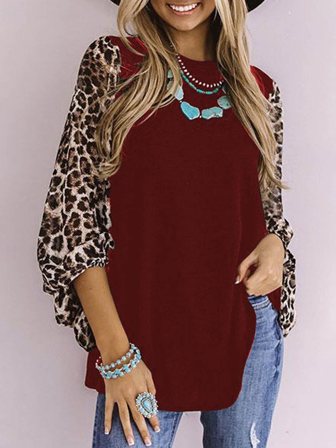 lovevop Leopard Print Patchwork Crew Neck T-Shirt