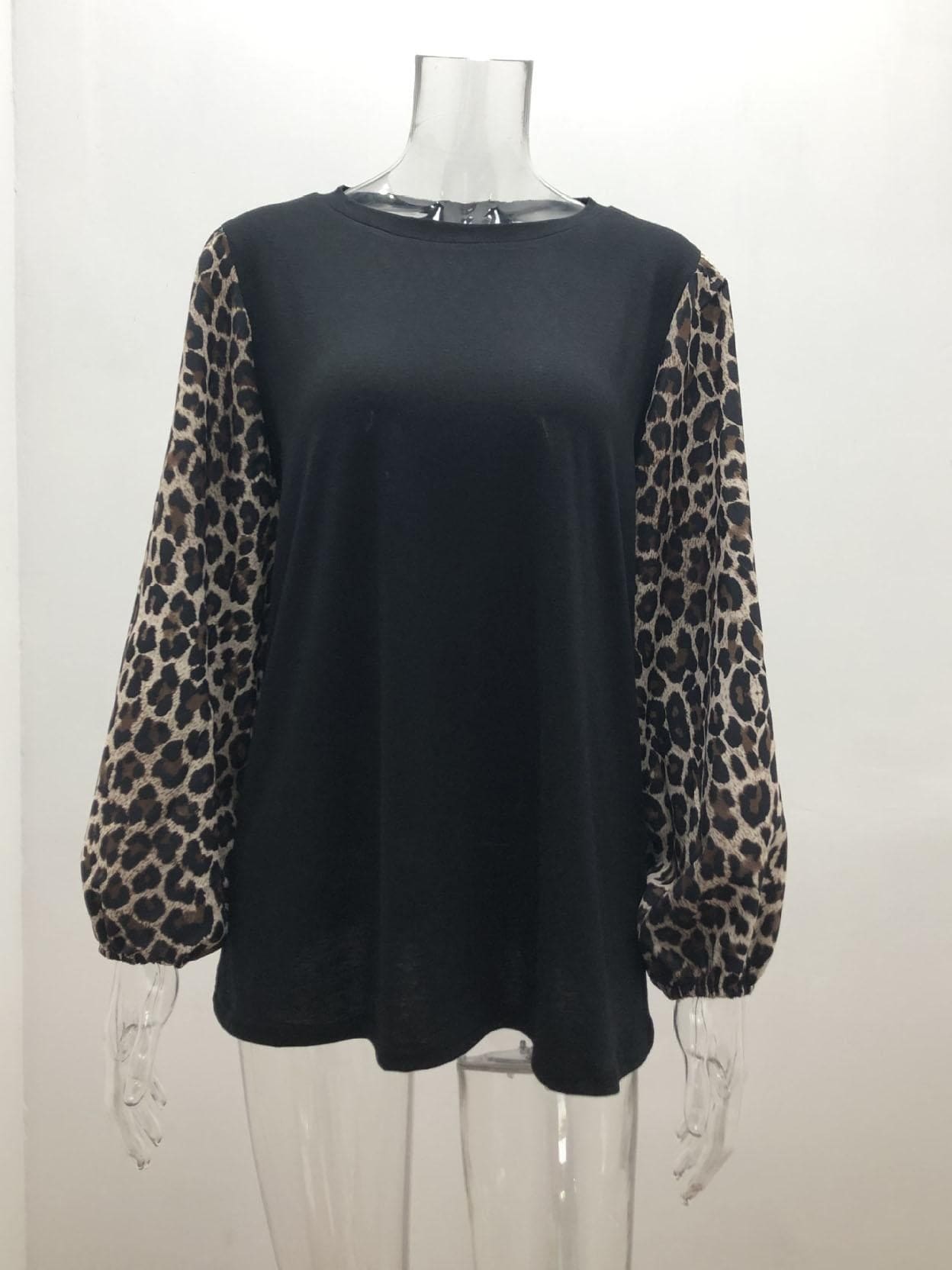 lovevop Leopard Print Patchwork Crew Neck T-Shirt