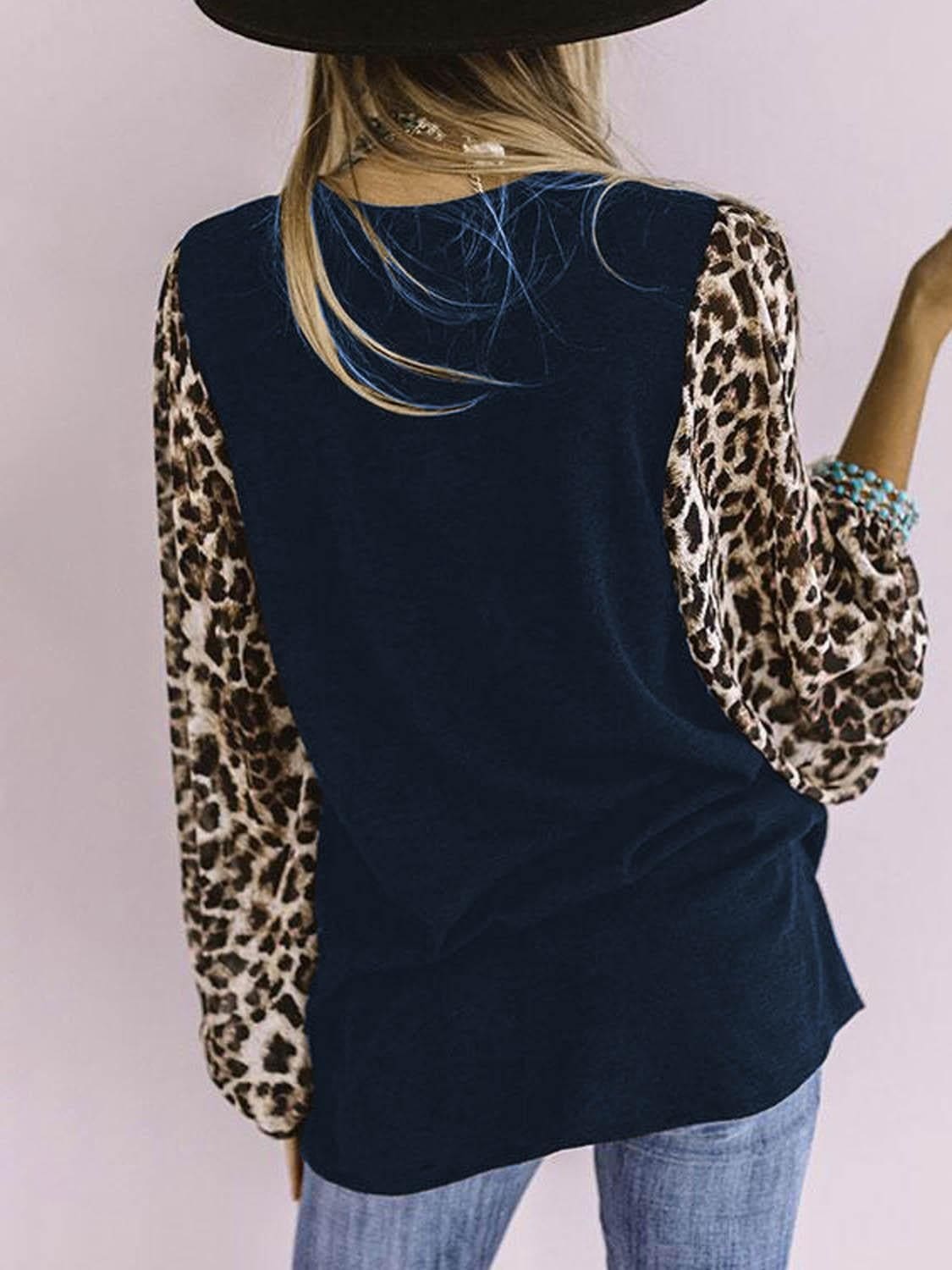 lovevop Leopard Print Patchwork Crew Neck T-Shirt