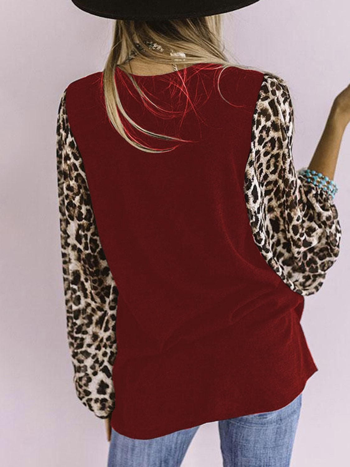 lovevop Leopard Print Patchwork Crew Neck T-Shirt