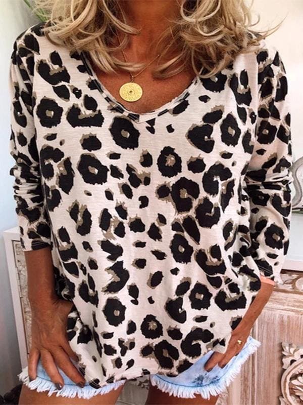 lovevop Leopard Print V Neck Plus Size Long Sleeve T-Shirt F2659