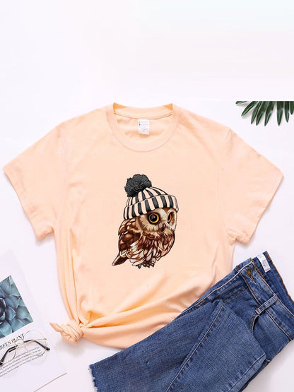 lovevop Loose Casual Owl Print Versatile T-Shirt For Women