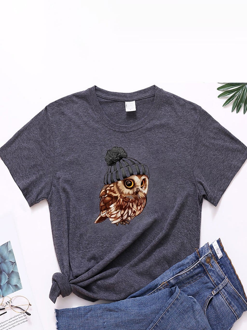 lovevop Loose Casual Owl Print Versatile T-Shirt For Women