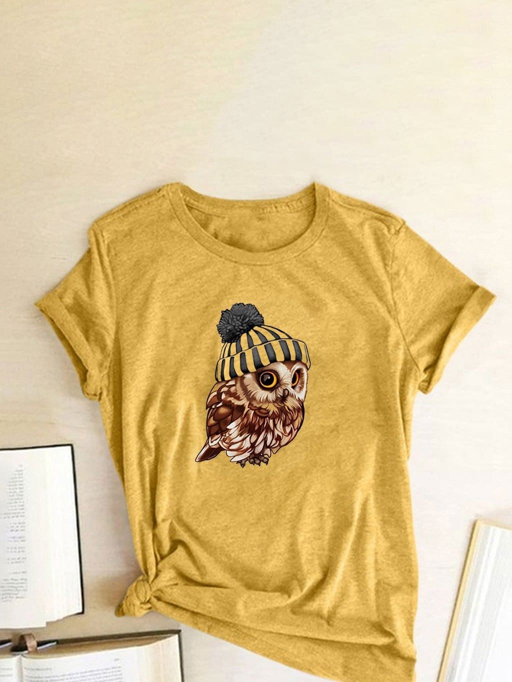 lovevop Loose Casual Owl Print Versatile T-Shirt For Women