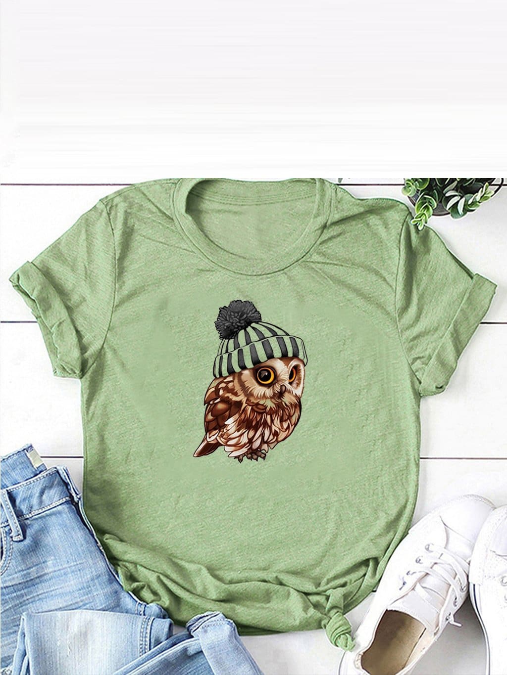 lovevop Loose Casual Owl Print Versatile T-Shirt For Women